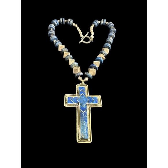 Vintage Lapis Lazuli Cross Necklace Silver Plated Geometric Beads Dangle Ethnic - Picture 4 of 7